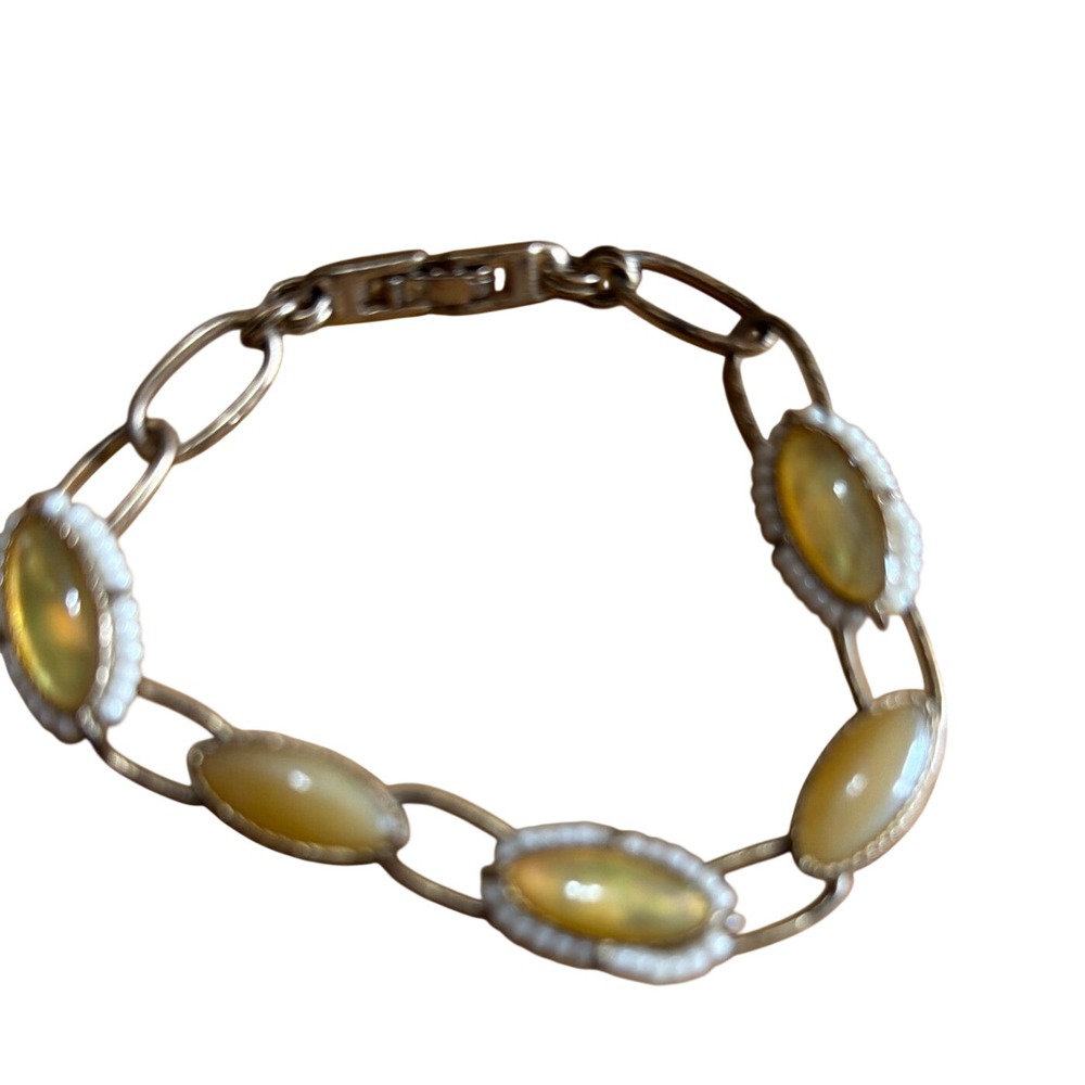 Vintage Gold Tone Link Bracelet Honey Yellow Cabochon White Seed Bead Boho